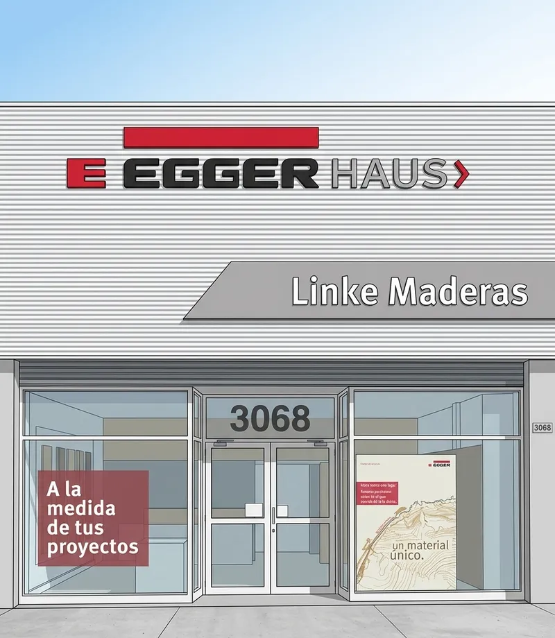 Ilustración del frente de la sucursal Villa Crespo: entrada vidriada bajo los carteles de Egger Haus y Linke Maderas.
